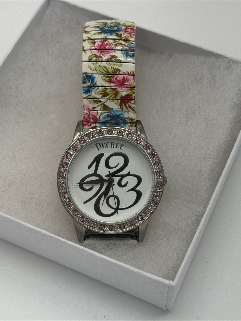 Decree Women’s Floral Expansion Band Watch – 
Pink Rhinestone Bezel